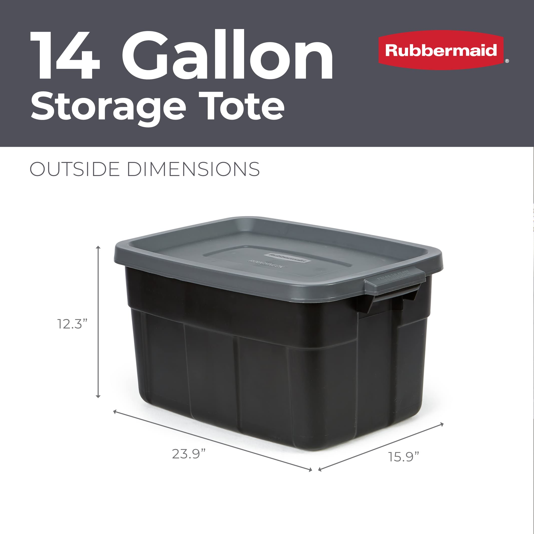Rubbermaid Roughneck Tote 14 Gal, 6 Pack, Made In Usa, Black & Gray, Rugged Plastic Stackable Storage Bins With Lids And Handles