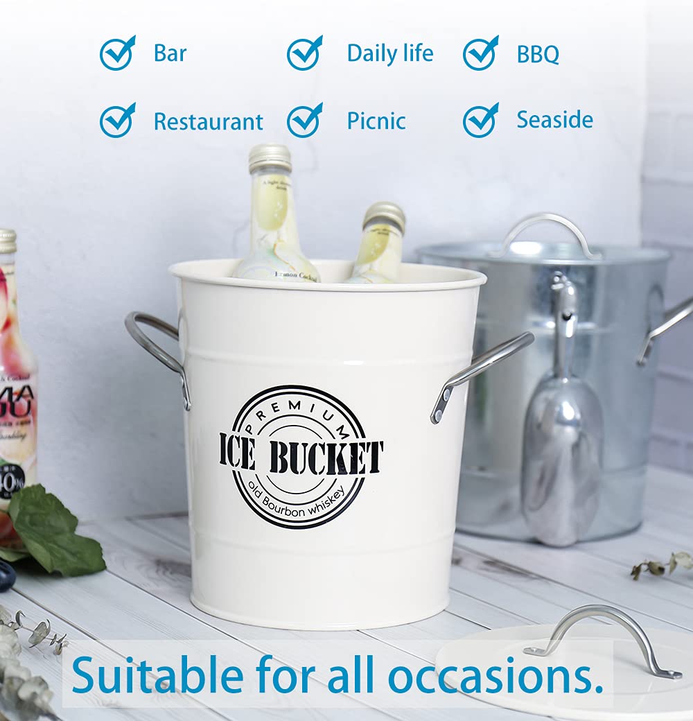 Home By Jackie Inc T586A 4L Cream White Metal Galvanized Double Walled Ice Bucket Set With Lid And Scoop