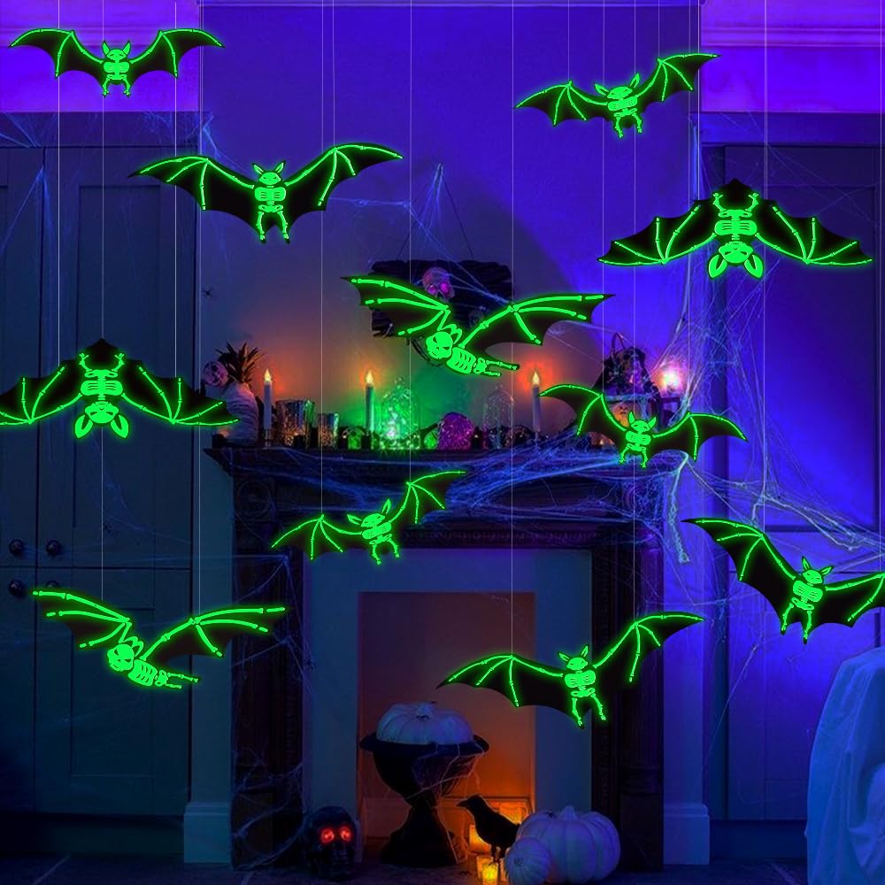 Vellibring 12PCS Halloween Hanging Bats Decorations, Large Plastic Flying Bats with Realistic Scary Glowing Skeleton Bats for Ha