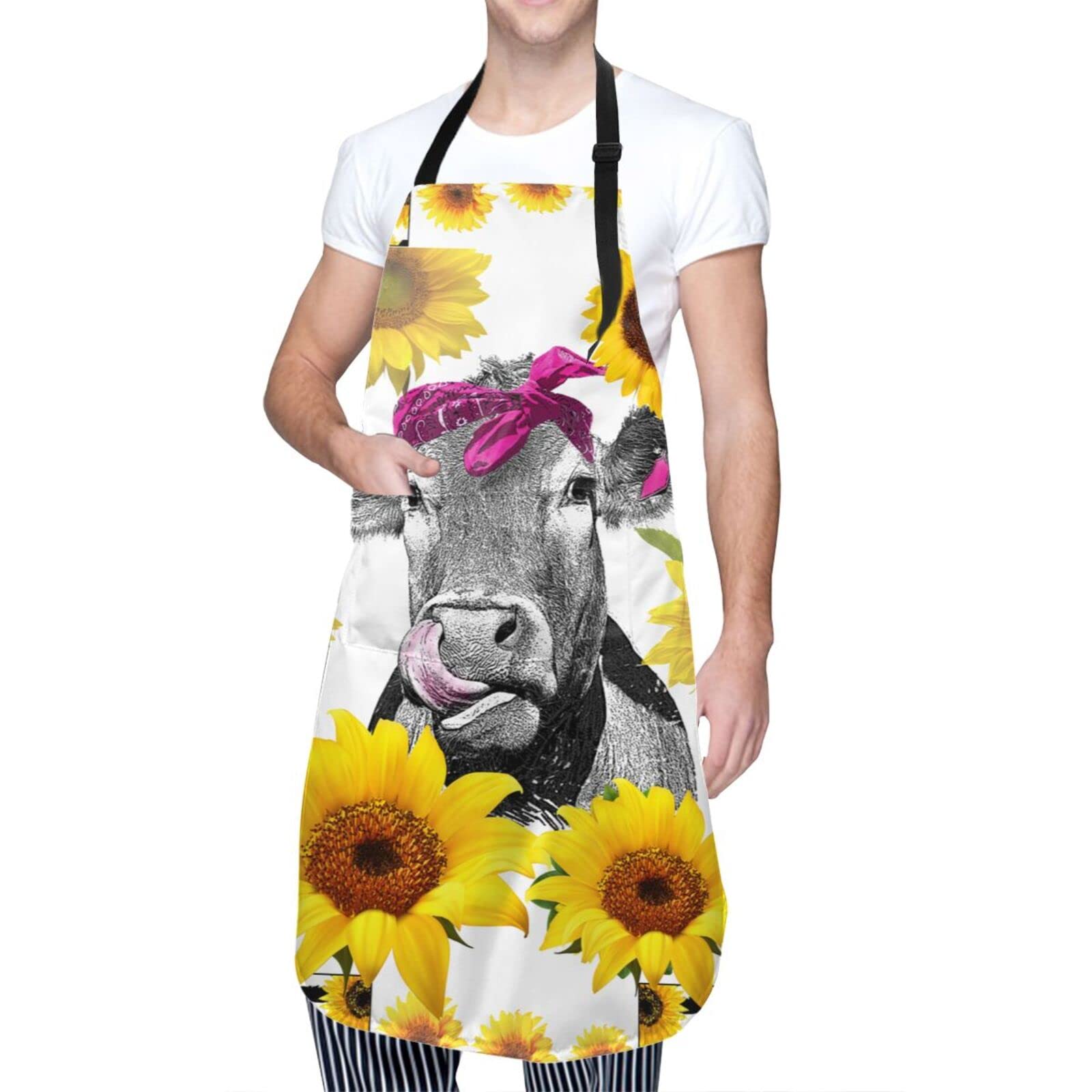 Sucuwiny Cow Apron Waterproof Chef Kitchen Aprons With Pockets For Adults Cooking Bbq Aprons Personalized Baking Gifts