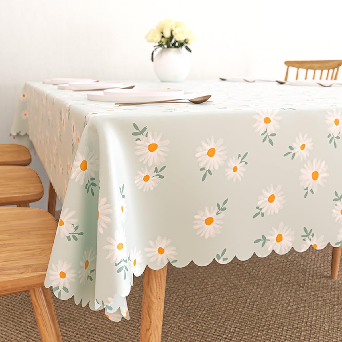 Wolpin Polyvinyl Chloride Pvc Dining Rectangular Table Cover & 4 Seater Center Table Cloth - Green Daisy Flower Print Oil Proof,