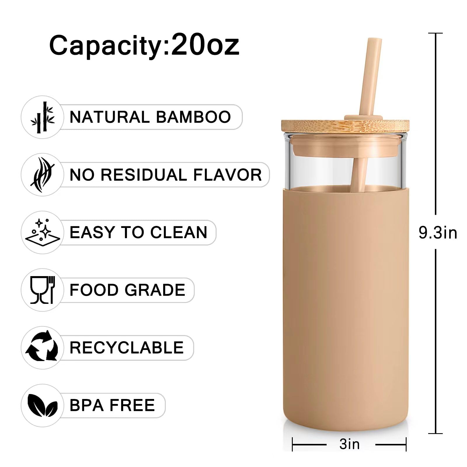 Tronco 20 Oz Glass Tumbler Glass Water Bottle Straw Silicone Protective Sleeve Bamboo Lid - Bpa Free -Amber