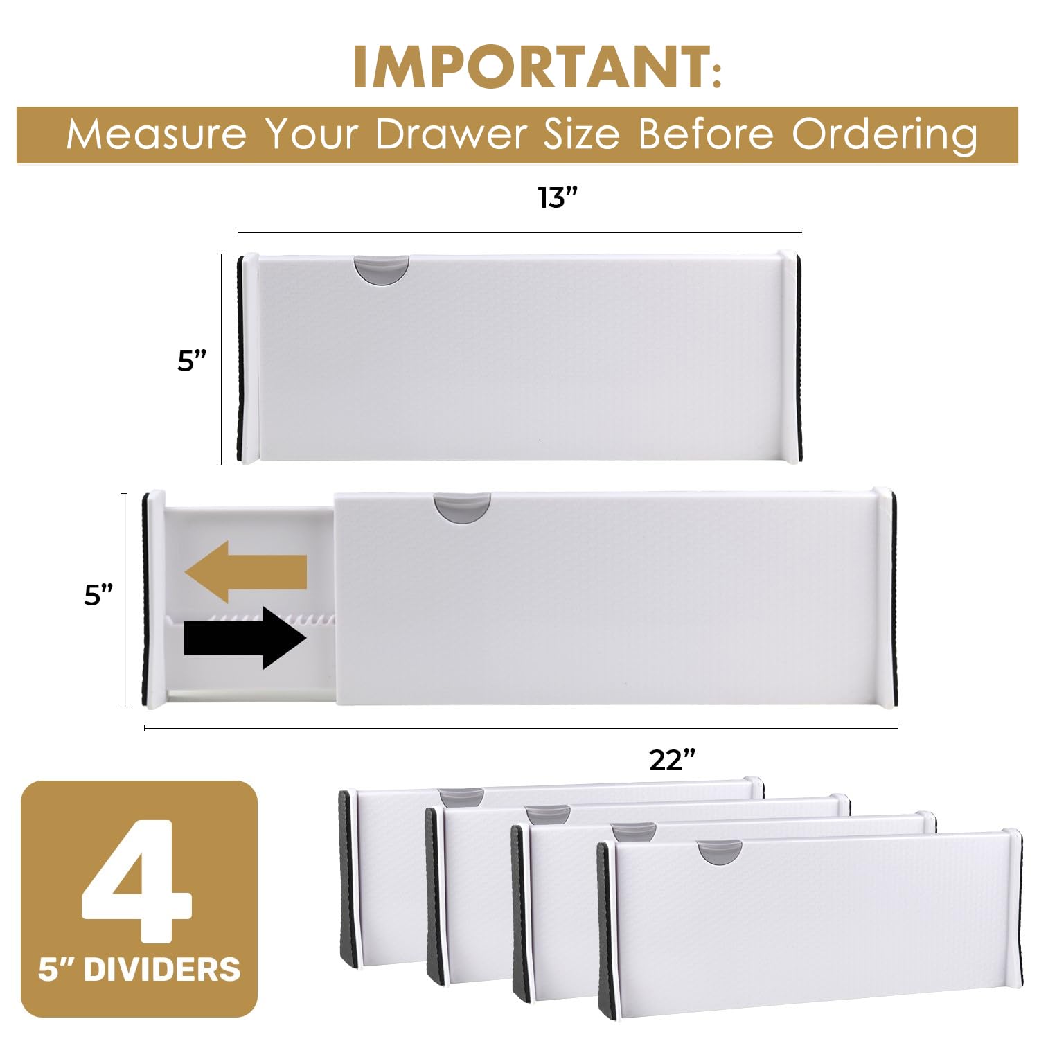 RAPTUROUS Deep Drawer Dividers 4 Pack, 5 Inch Tall, 13-22 Inch Long Expandable, Adjustable Drawer Organizer for Clothing, Dresse
