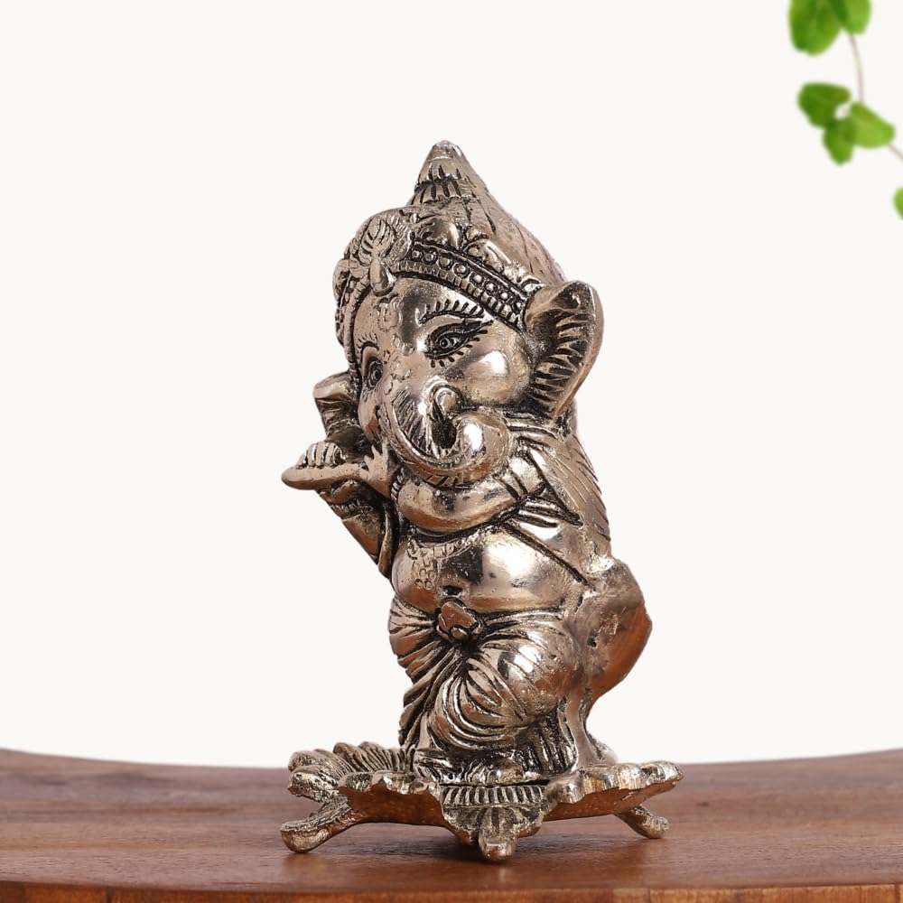 Smiles Gift Silver Plated Ganesh Idol With Playing Flute Statue | Aluminium Figurines | Showpiece For Table, Pooja, Mandir & Ret