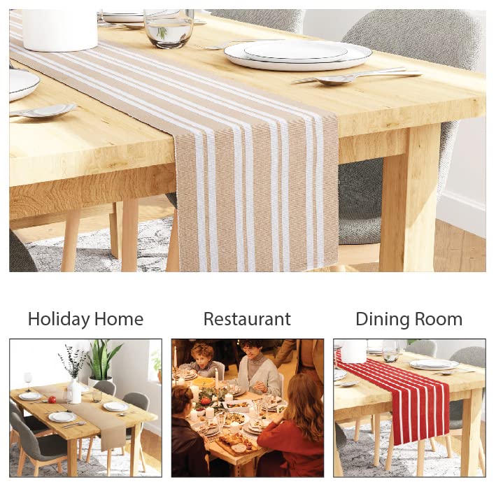 Encasa Xo Dining Table Runner 13''X59'' | Yarn Dyed Fine Ribbed Cotton | Franca Beige Stripes | Machine Washable