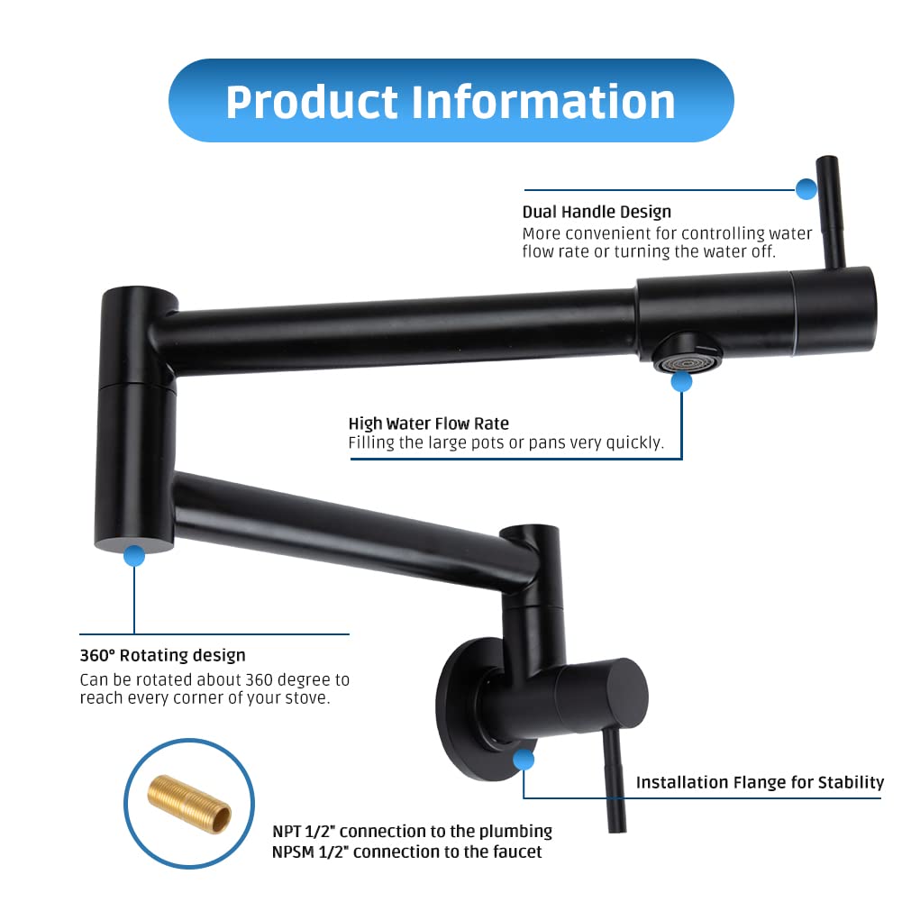 Allkorma Pot Filler Faucet Matte Black, Wall Mount Kitchen Stainless Steel Faucets, 19.7'' Folding Stretchable Faucet, 2 Joint S