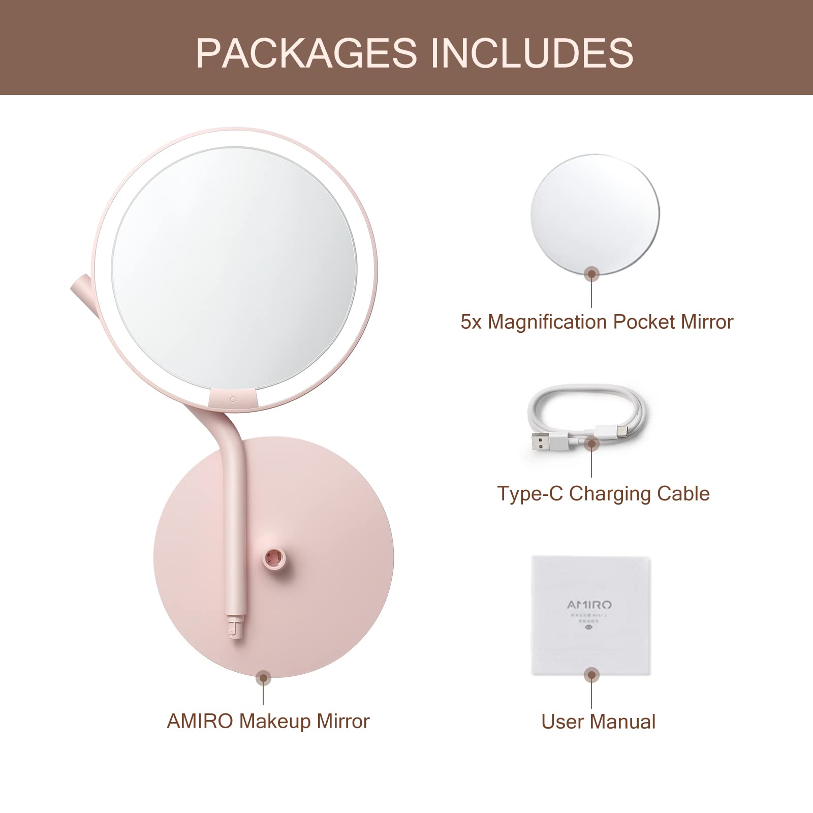 AMIRO Professional 8 LED Lighted Makeup Mirror with 5-Level Brightness, with 5X Magnifying Small Mirror, Tabletop Rechargeable C