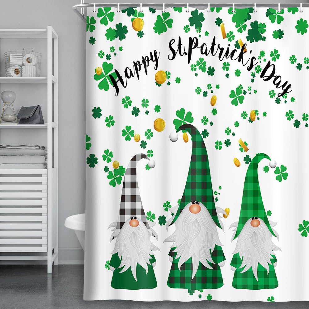 Merchr Happy St. Patrick'S Day Shower Curtain, Green Clover Shamrock Leaf Irish Gnome Elf Design, Buffalo Check Plaid Decor Clot