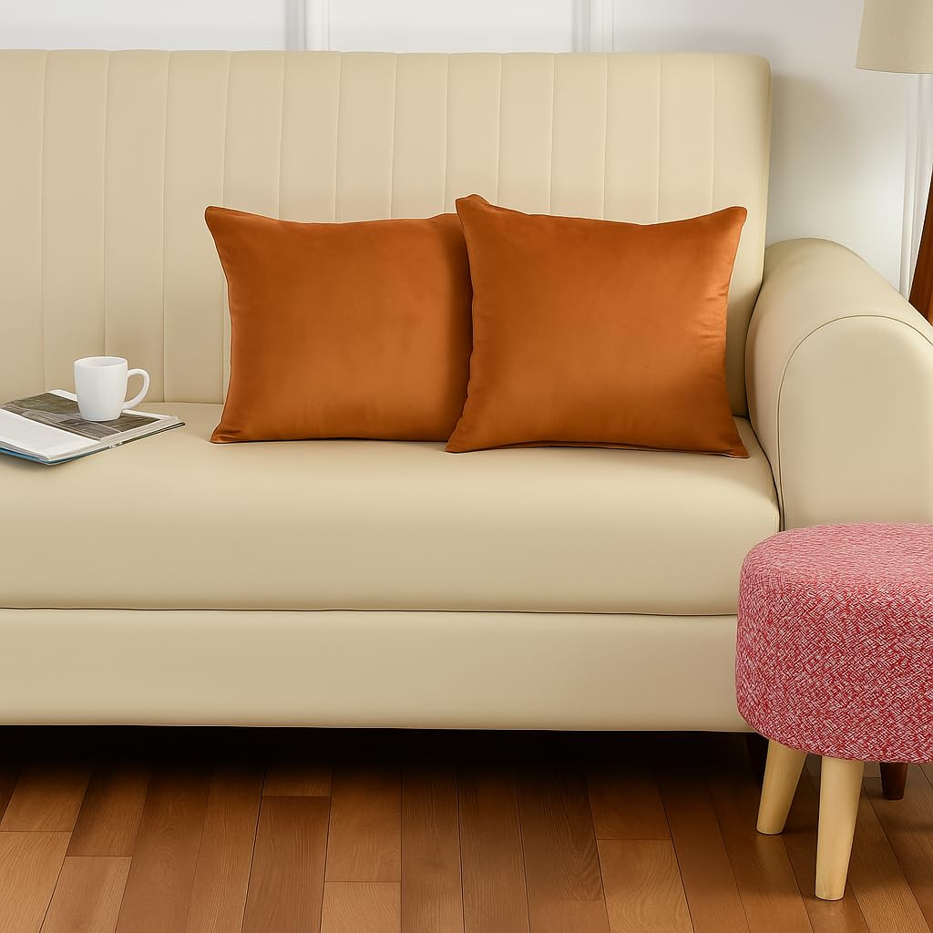 Stuffique Velvet Pillow Solid Plain 190 Tc Cushion Covers Pack Of 2 (16 X 16 Inch) Orange