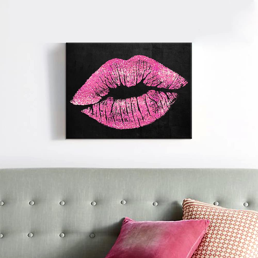 7Canvas Black And Pink Lips Canvas Wall Art Fashion And Glam Poster Sexy Lip Picture Gallery Wrap For Bathroom Bedroom Makeup Ro