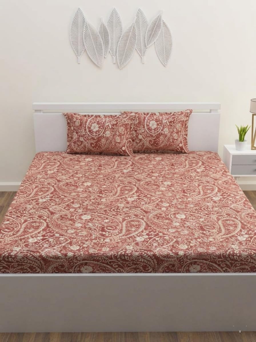 EssaBella Victoria Collection Cotton Rich King Size Double Bedsheet 90 x 100 Inch, 2 Pillow Covers, 112 TC  Tan Brown Printed
