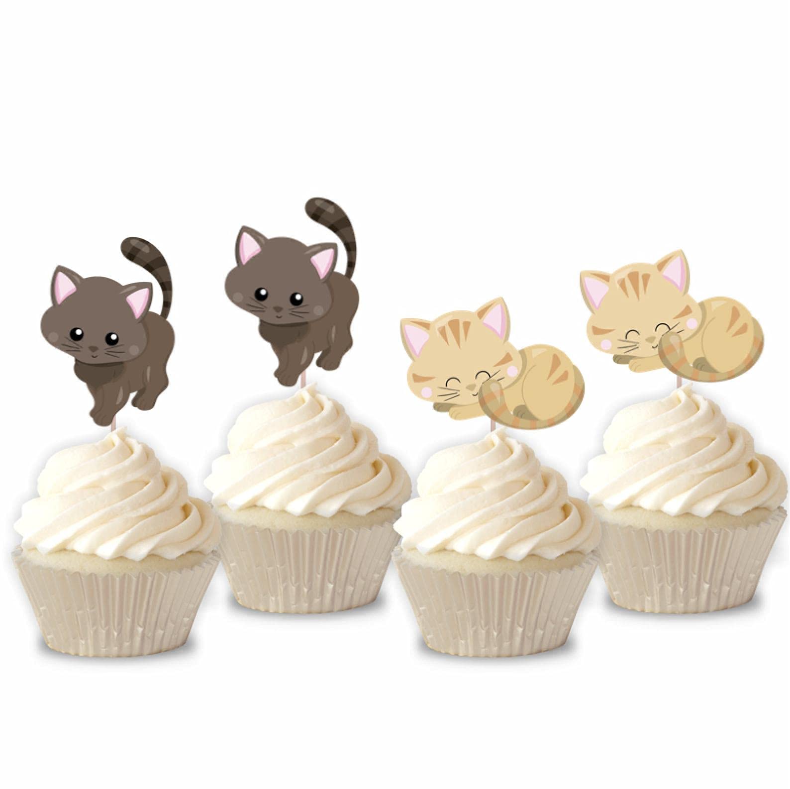 Mirabuy 48 Pcs Cute Cat Kitten Cupcake Toppers Picks For Pet Themed Party, Birthday Party