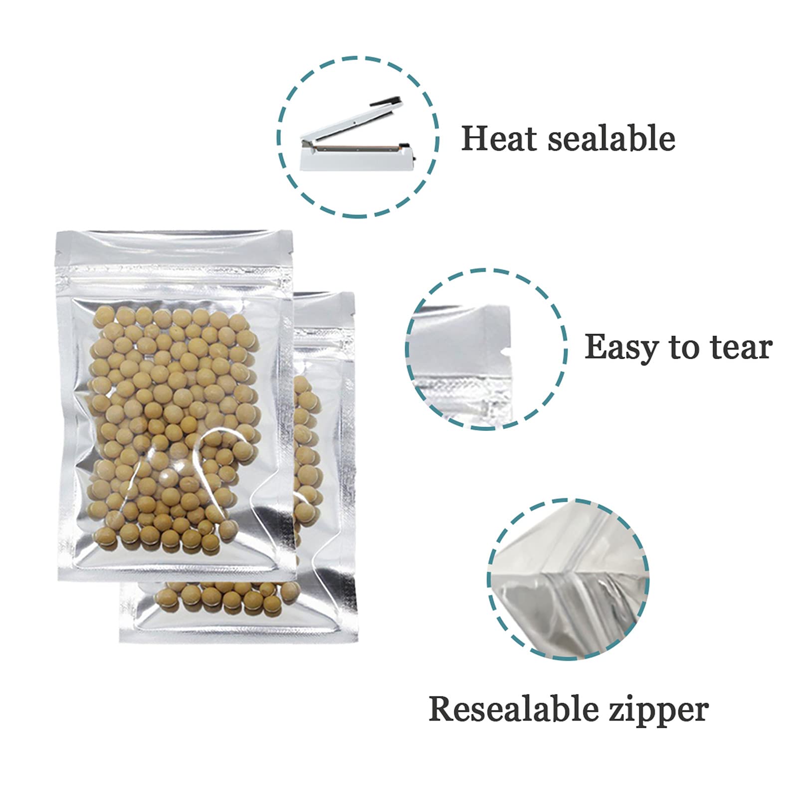 500 Pack 3.3x5.5 inch (Inside Size 3x4.3 inch) Clear Front Resealable Heat Seal Bags for Zip Bulk Food Storage Lock Bag Reclosable Airtight Foil Pouch Zipper Lock Packaging with Tear Notches