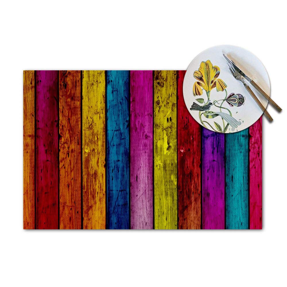 Stripes Placemats Set Of 4, Retro Colorful Wood Stripes Placemats Heat Resistant For Dining Table Non-Slip 18X12 Inches