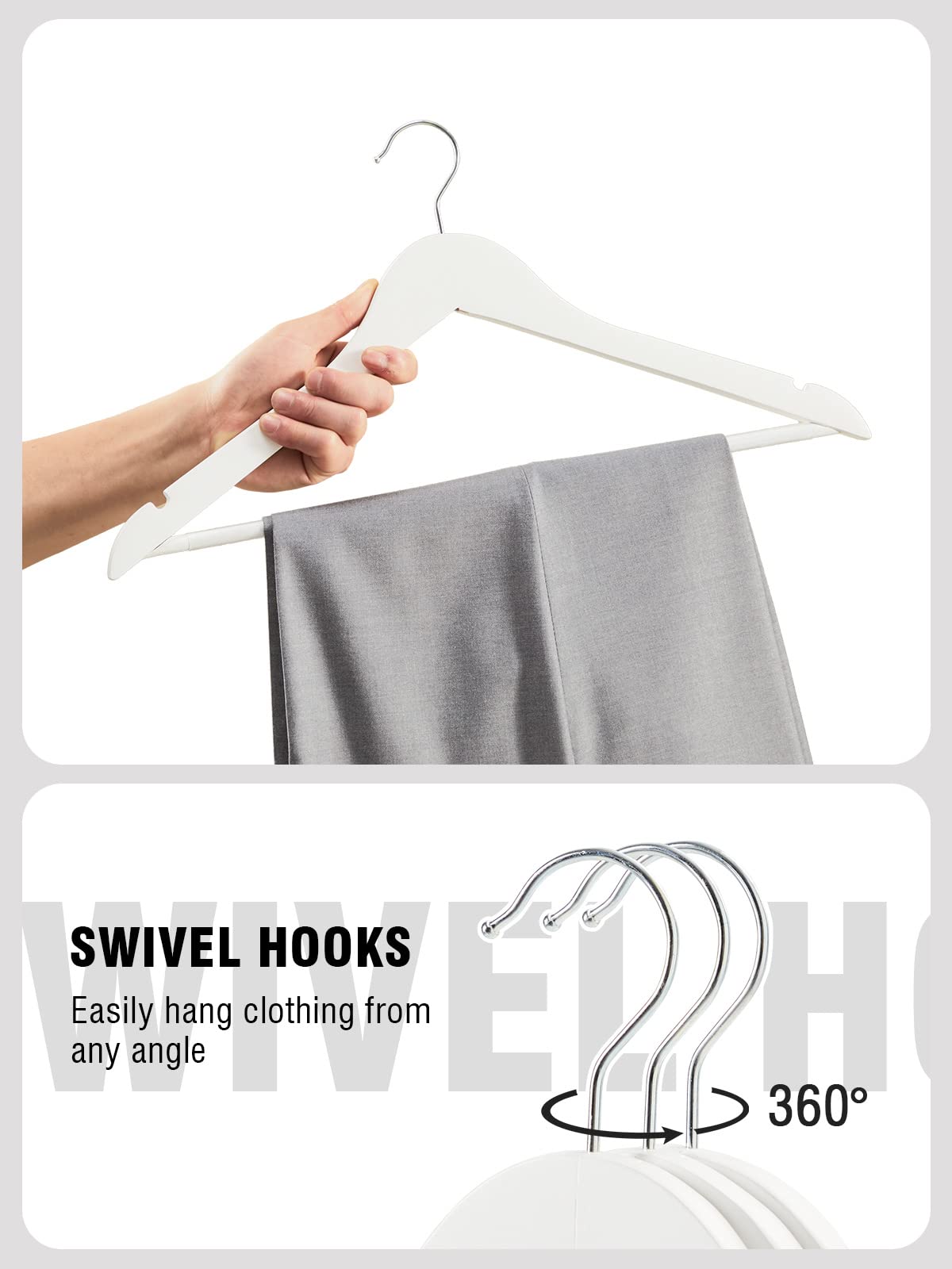 Solid Natural Wooden Coat Hangers, 10 Pack Heavy Duty Smooth Finish Suit Hangers With Non-Slip Pant Bar, Precisely Cut Notches &