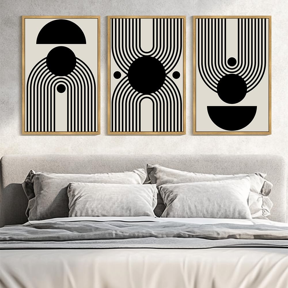 Kuvioke Black Abstract Framed Wall Art Minimalist Geometry Lines Painting Artwork For Living Room Bedroom 24X36In (Natural Frame
