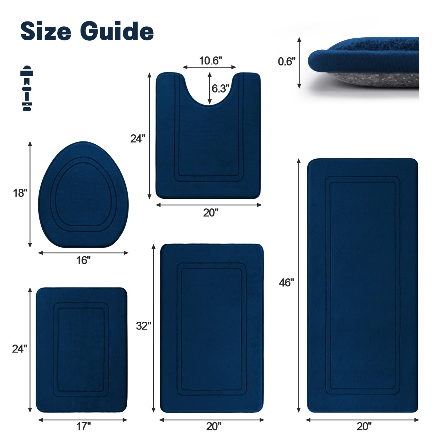 Yihouse Dark Blue Memory Foam Bathroom Rug Set 5 Piece, Absorbent Bathroom Mat Set, Non Slip Bath Mats For Bathroom Washable Dry