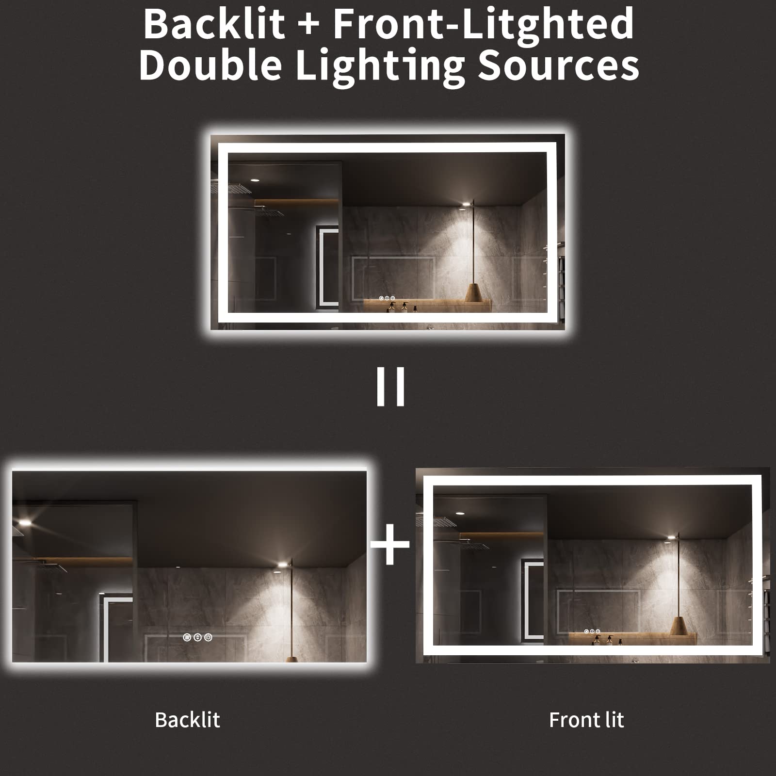 Loaao 72X40 Led Bathroom Mirror With Lights, Anti-Fog, Dimmable, Backlit + Front Lit, Lighted Bathroom Vanity Mirror For Wall, M