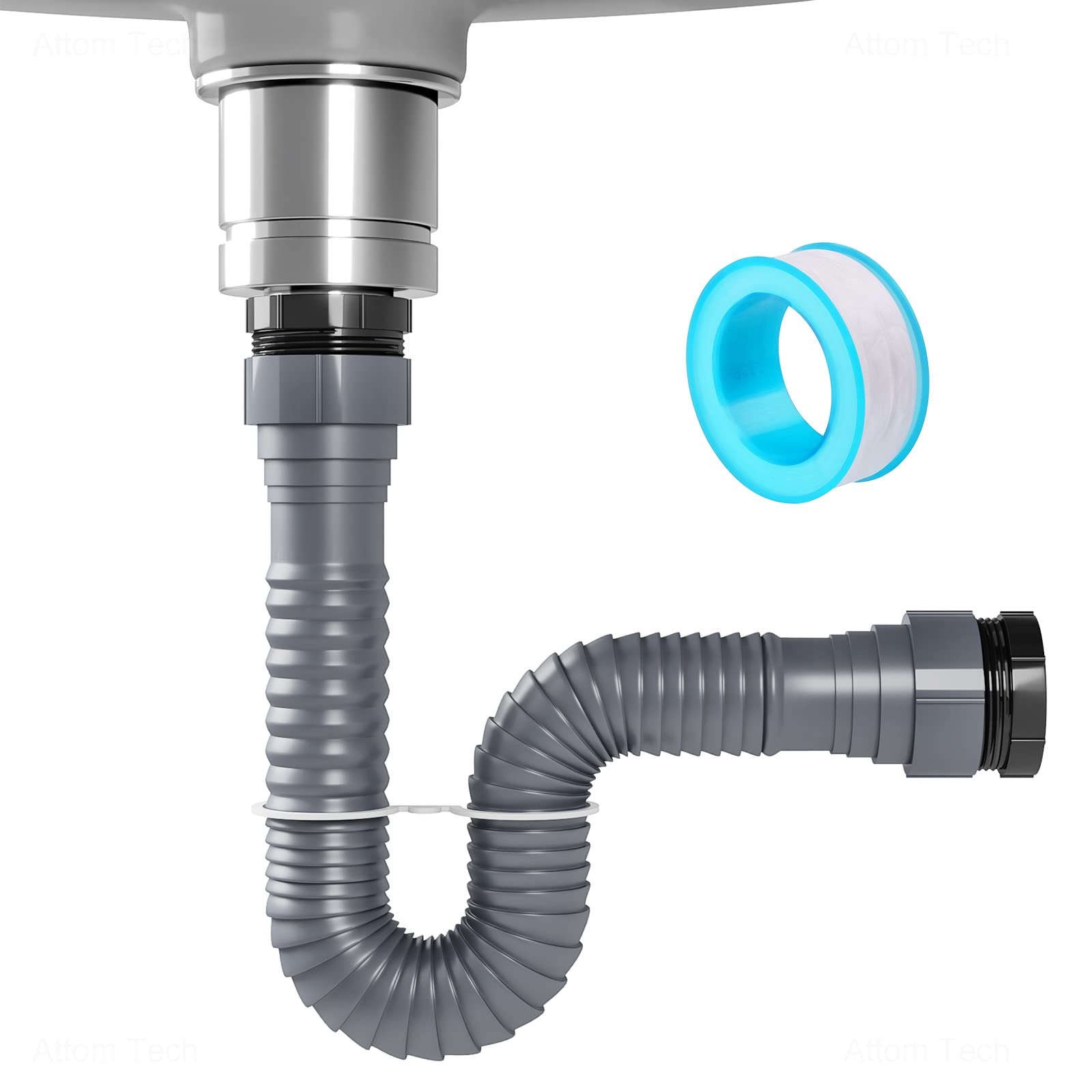 Nihome Expandable Flexible 1 1/2'' Or 1 1/4'' P-Trap Pipe For Single Kitchen Sink, With Adapter Sealing Ring Tape Drain Tubing P