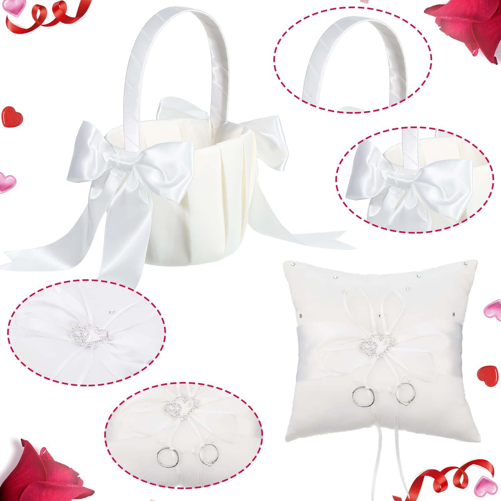 White Flower Girl Basket And Ring Bearer Pillow Set Rhinestones Satin Wedding Ring Pillow Wedding Flower Baskets For Wedding Gif