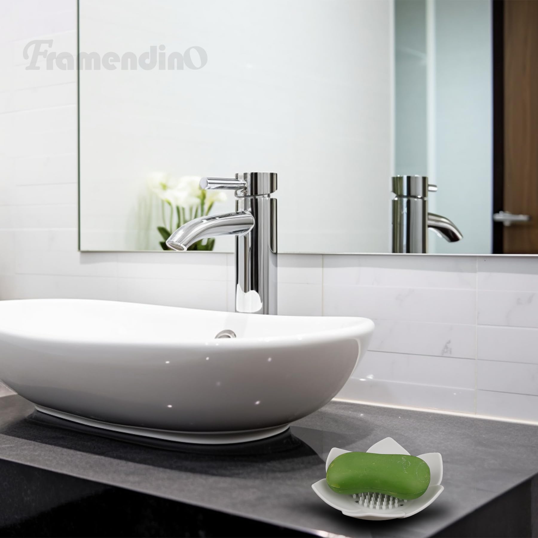 Framendino, 4 Pack White Floral Silicone Soap Dishes Lotus Shaped Design Self-Draining Sponge Bar Soap Holder For Shower Bathroo