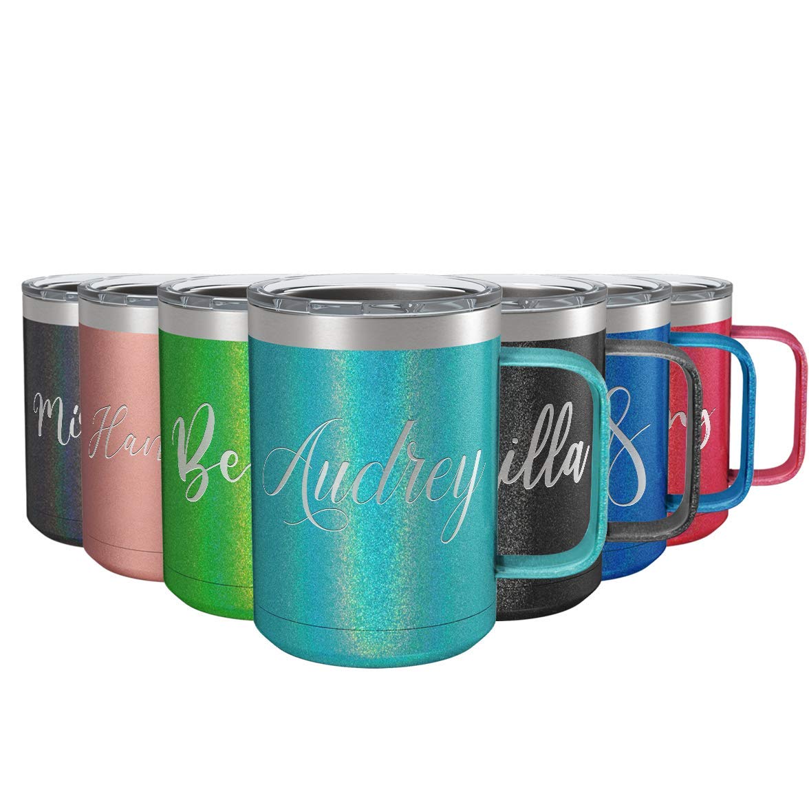 Personalized Coffee Mug Seafoam Glitter 15 Oz With Lid And Handle Custom Engraved Gift Stainless Steel Vacuum Insulated Cup