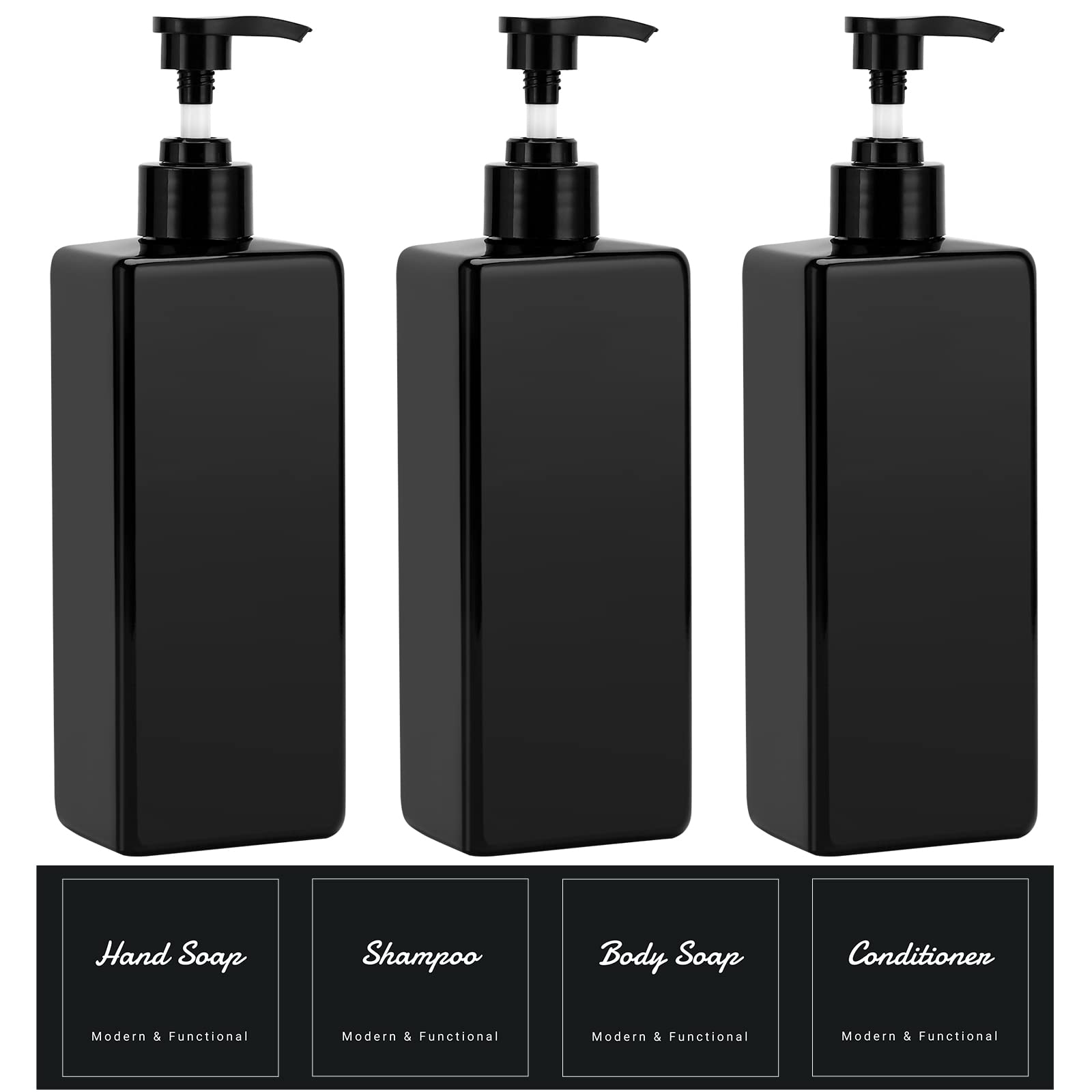 Suream Shampoo And Conditioner Dispenser Set, 3Pack 16.9Oz Bathroom Countertop Soap Bottle With 4Pcs Lables, Plastic Refillable