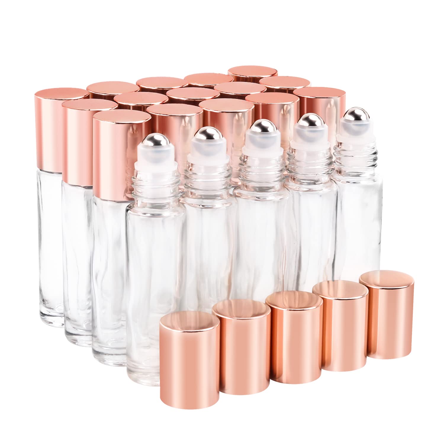 BOSMIOW 10ml(1/3oz) Glass Roller Bottles 20 Packs Glass Essential Oil Roll On Bottles for Perfume Aromatherapy with Stainless St