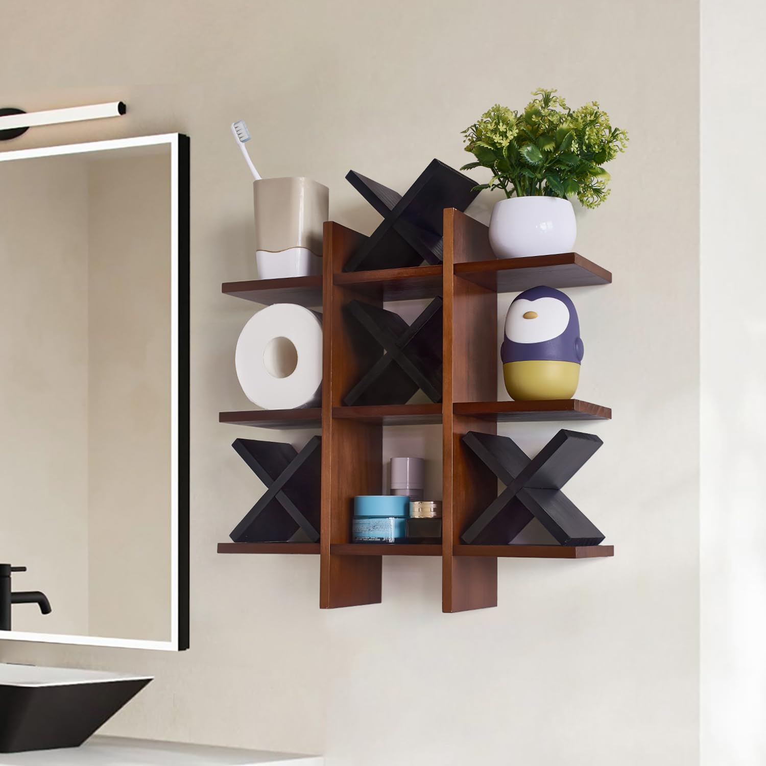 Daoyousky Tic Tac Toe Toilet Paper Holder Stand With 4Pcs Wooden X, Farmhouse Rustic Wall Mounted Funny Toilet Papers Storage Or