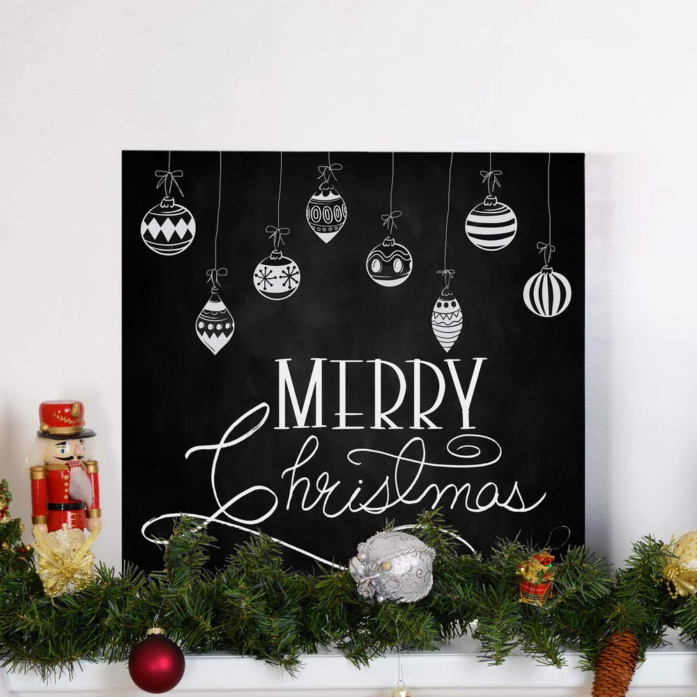 Renditions Gallery Merry Christmas Ornaments Wall Art, Charming Winter Artwork, Black & White Chalkboard Look, Premium Gallery W