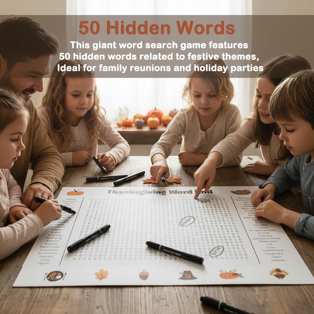 Jumbo Thanksgiving Word Search Poster, Giant Holiday Word Search Wall Poster for Thanksgiving and Christmas, 36 X 24 Wall Game w