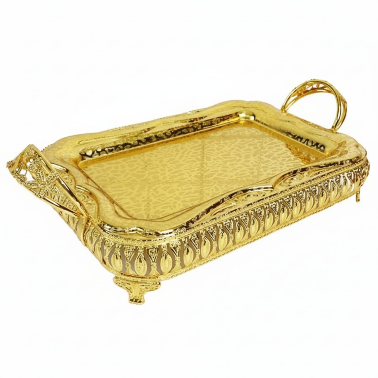Gold Serving Tray With Handles Ornate Metal Serving Tray Rectangular Embossed For Hosts, Home Entertaining, Tea Service, Coffee 