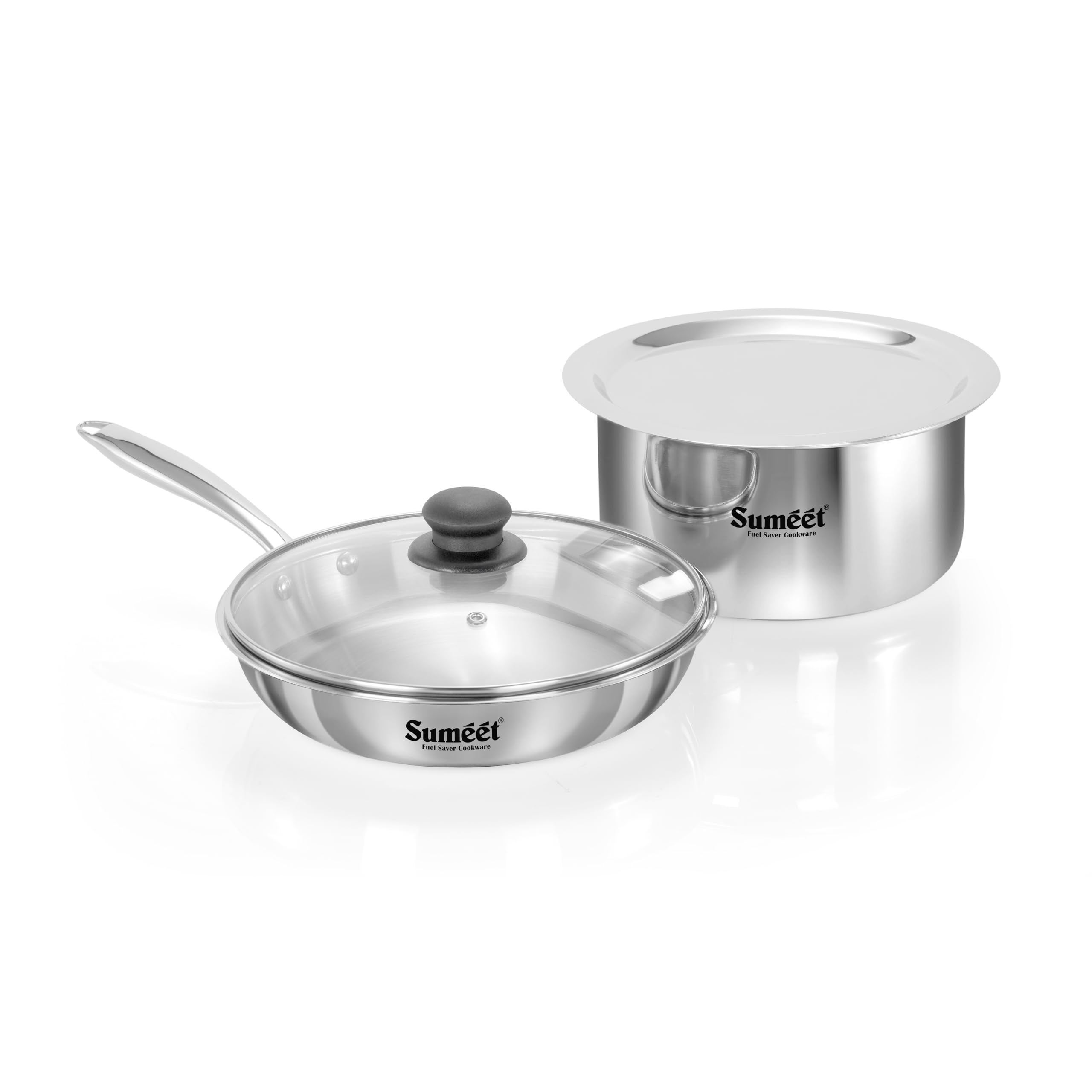 Sumeet Cook Smart TriPly Stainless Steel 4Pc Induction Base Cookware Set of Frypan - 20Cm - 1 LTR  Tope 18cm  2 LTR with Glass Lid & Steel Lid  Pack of 4  Silver