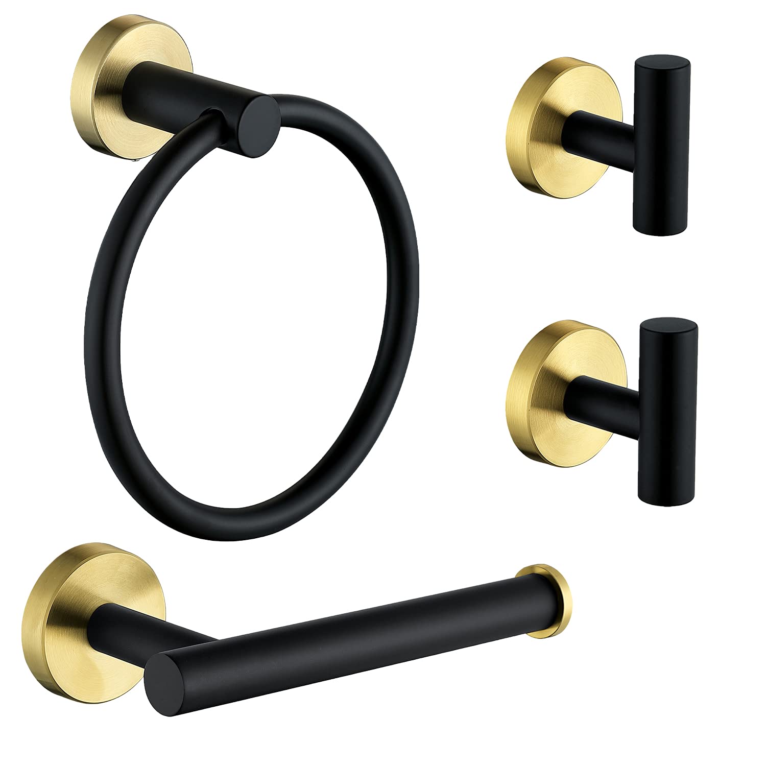 Ntipox 4 Piece Stainless Steel Matte Black and Brushed Gold Bathroom Hardware Set Include Hand Towel Ring Holder  Toilet Paper Holder and 2 Robe Towel Hooks Bathroom Accessories Kit
