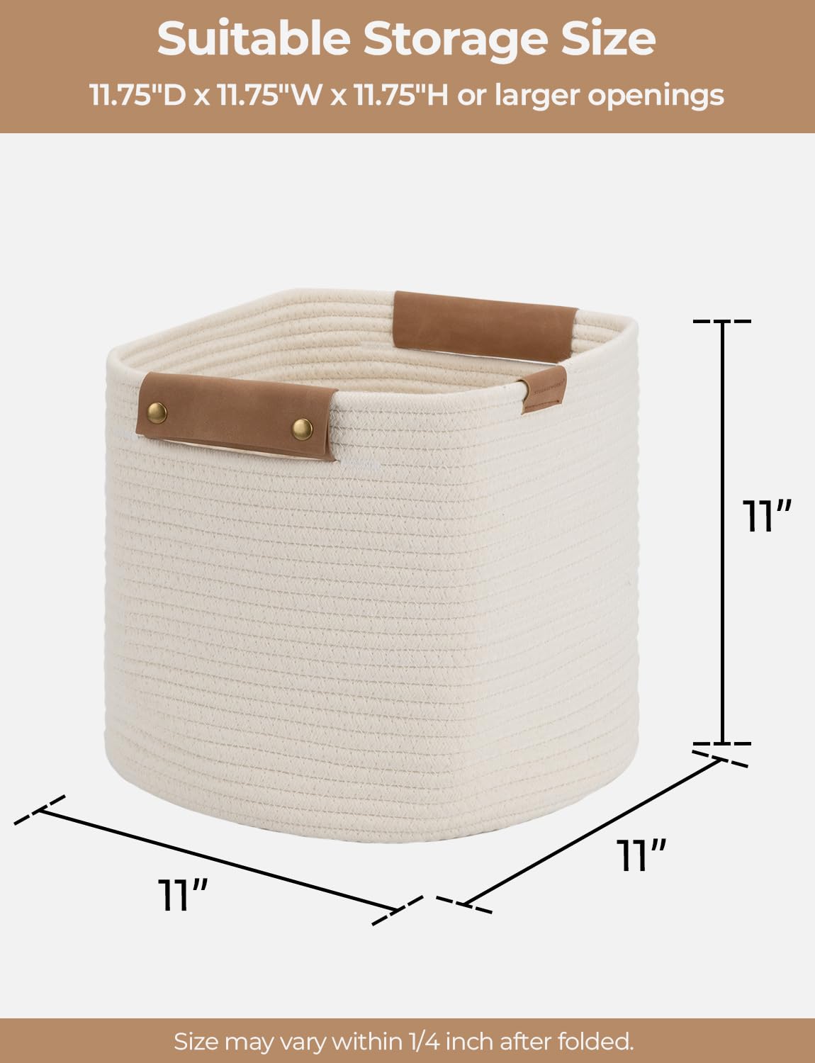 Storageworks 11X11X11 Woven Baskets - 3 Pack, Cotton Rope Baskets With Leather Handles, White - Cube Storage Organizer For Bedro