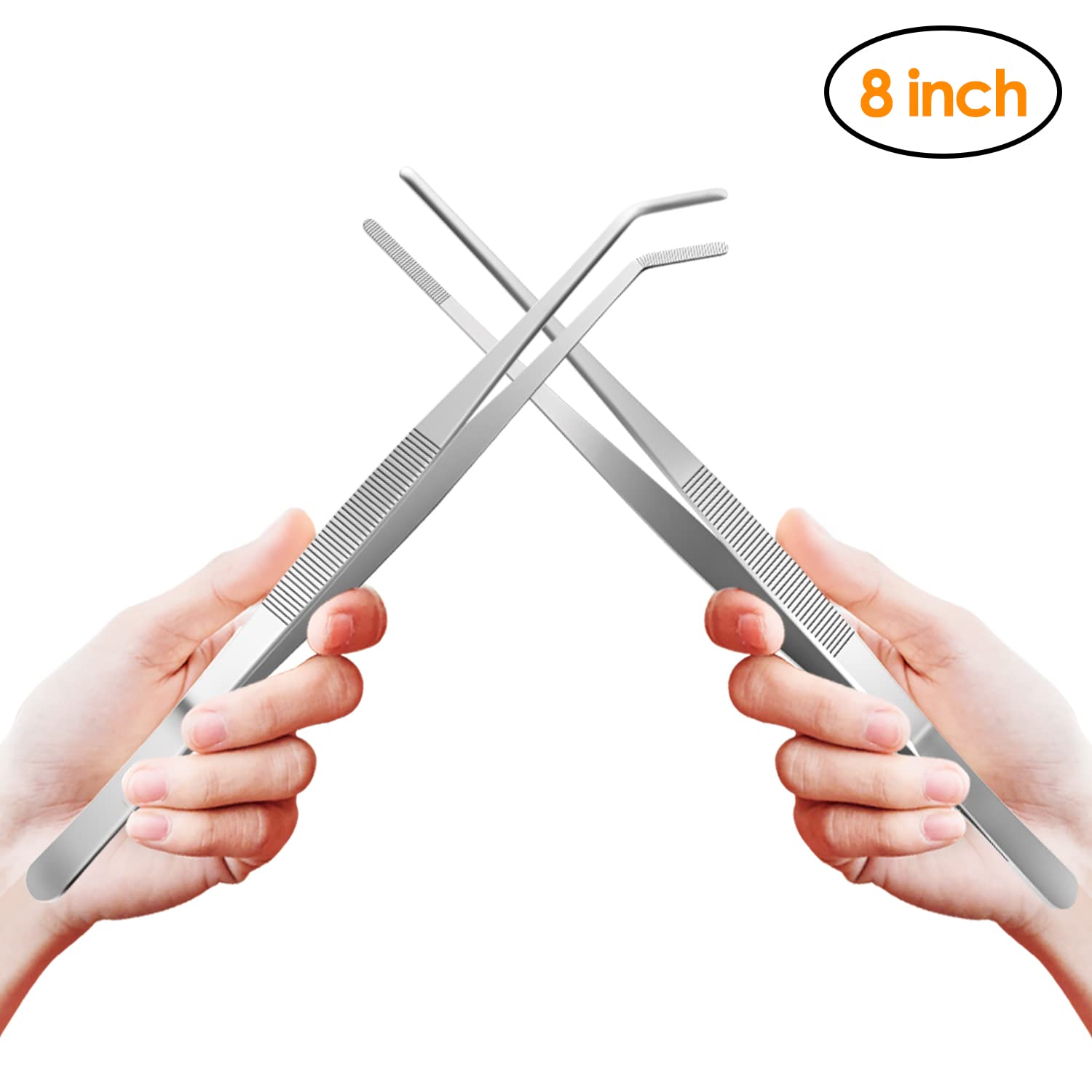 Gutsdoor Kitchen Tweezers Set Stainless Steel Tongs Tweezers Set Of 2 With Precision Serrated Tips For Cooking (8 Inch Set)