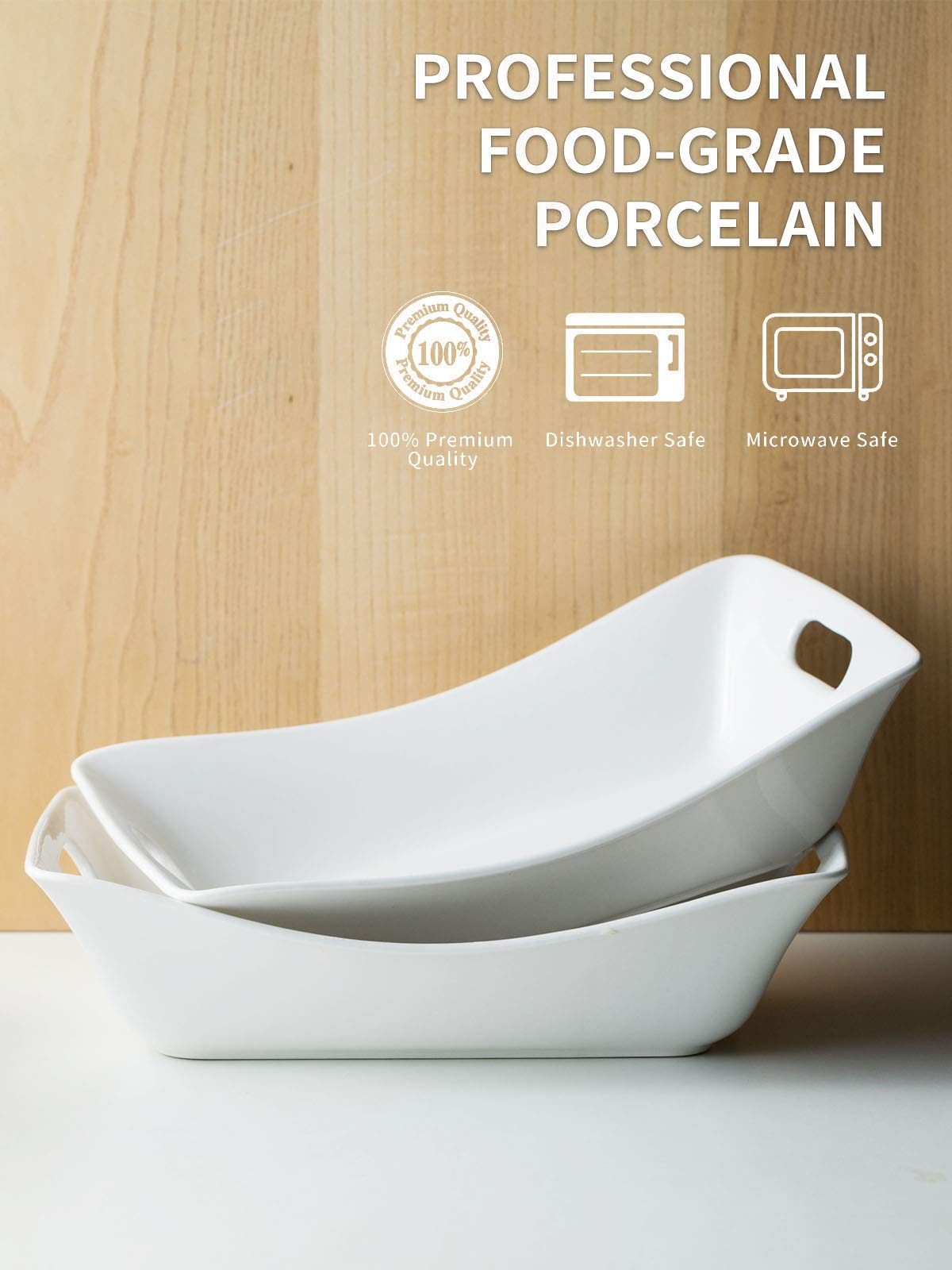 YHOSSEUN 1.5 Quarts Serving Bowl with Handles Set Rectangle Serving Platter Porcelain Bowl Set  2 Pack White