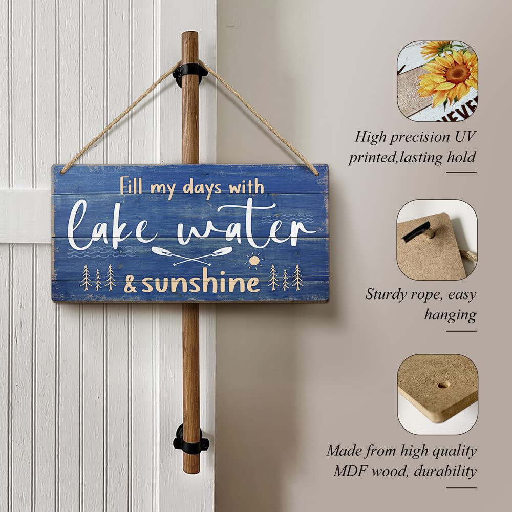 Heuhuww Lake House Decor-Fill My Days with Lake Water & Sunshine Sign 6x12 Inch,Funny Rustic Wall Art Country Decor for Cabin Co