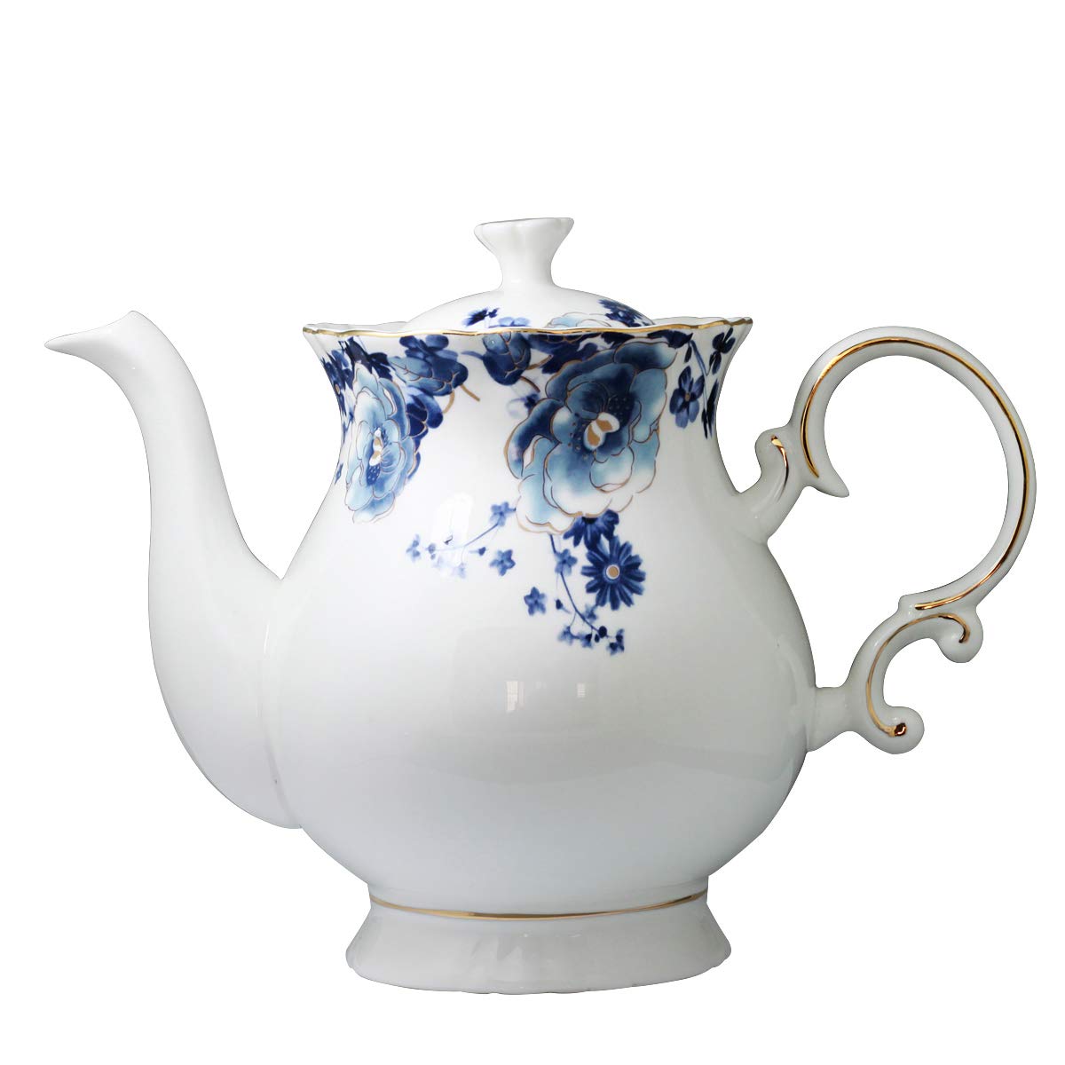 Jomop European Style Ceramic Flower Teapot Coffee Pot Water Pot Porcelain Gift Large 5.5 Cups (1, Blue and White)