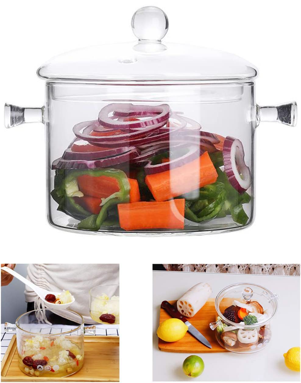 Glass Saucepan - 2.3L/78OZ Glass Saucepan Heat-Resistant Borosilicate Glass Handmade Cookware Set stovetop Pot - Safe for Pasta 