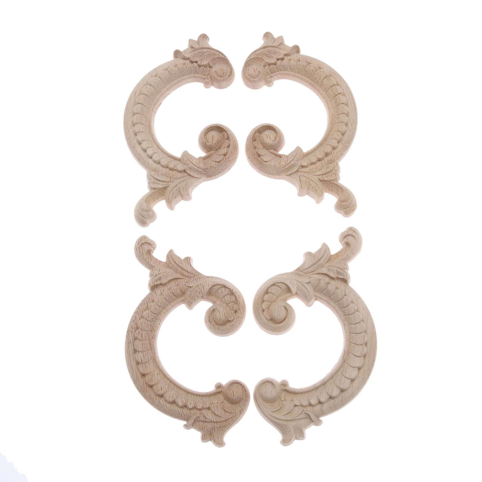 Wood Carved Appliques Wooden Onlays  2 Pairs Unpainted Decorative Carving Furniture Decals Frame Decor for Door Wall Cabinet Dresser Fireplace Ceiling Bed Home DIY Project  14x8cm/5.51''x3.15''