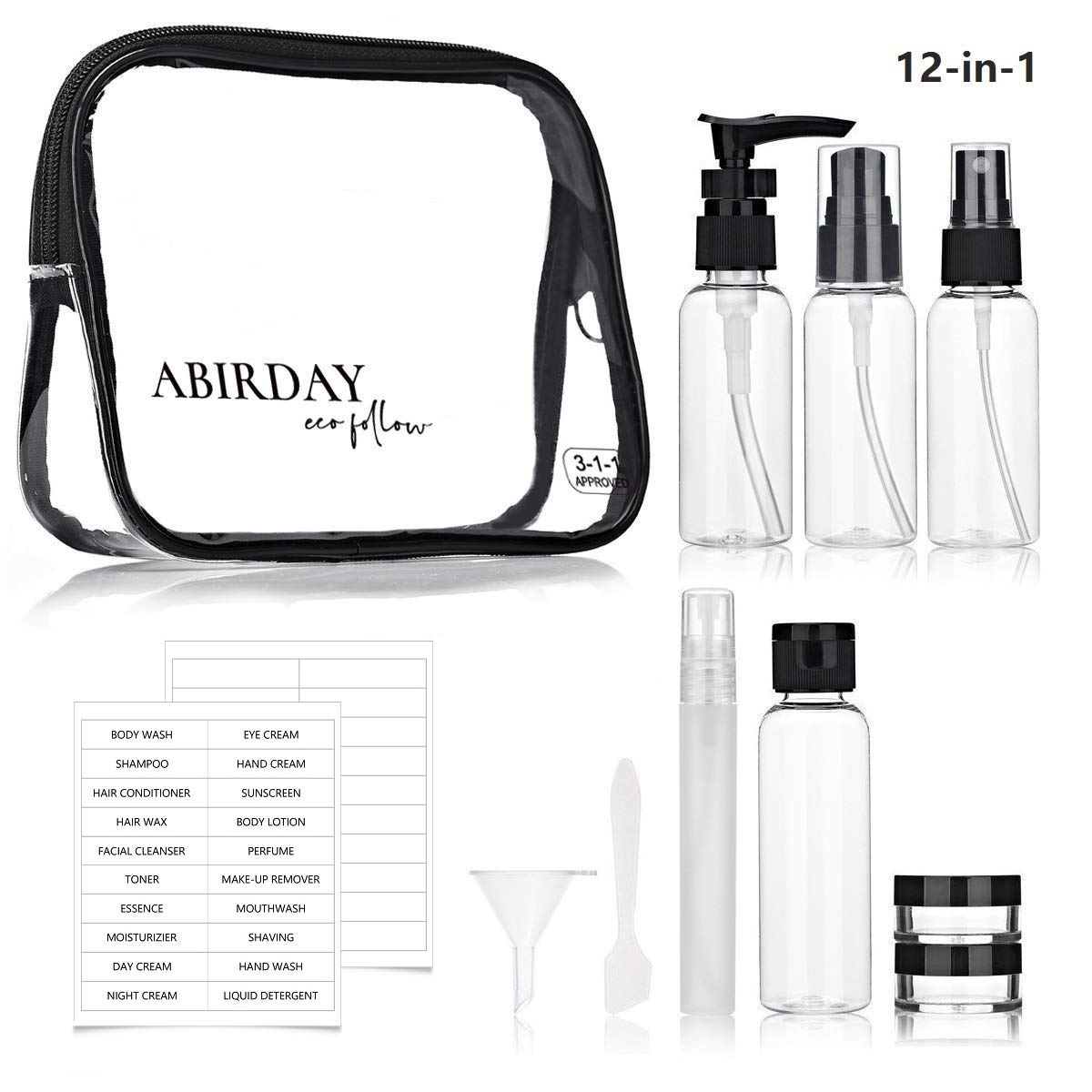 Abirday Travel Size Bottles Containers For Toiletries With Toiletry Bag And Label, Leak-Proof & Tsa Approved Carry-On For Airpla