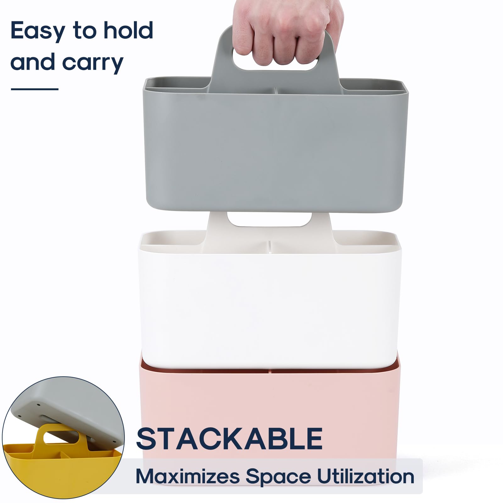 Multiuse Caddy Organizer With Handle - Stackable Plastic Bin Basket - Divided Storage Tote Holder For Art Craft Supplies, Makeup