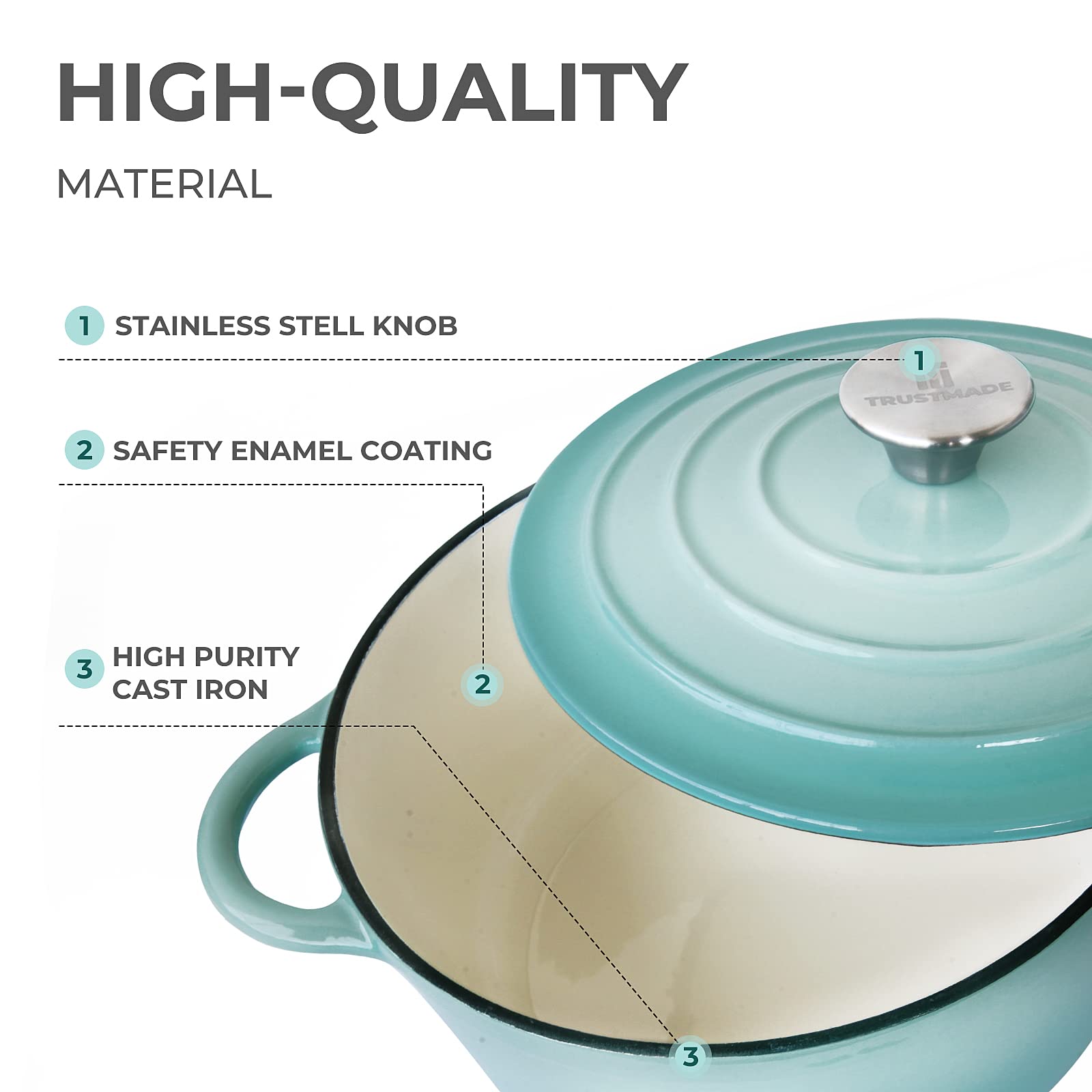 Trustmade 3 Qt Cast Iron Dutch Oven, Enamel Coated Cookware Pot With Self Basting Lid For Home Baking, Braiser, Cooking, Aqua