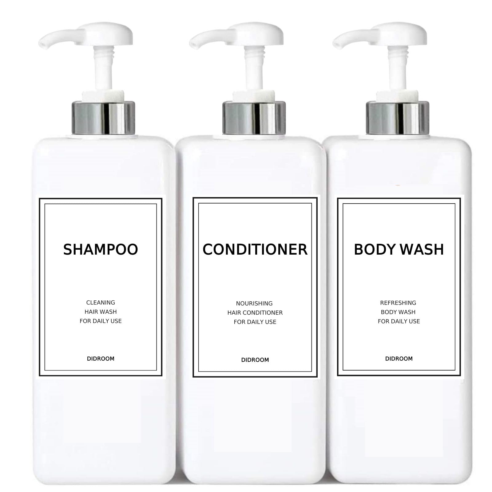 Modern Silver Shampoo And Conditioner Dispenser (21 Oz, Pack Of 3) Refillable Pump Bottle Set Empty Shower Plastic Bottles With