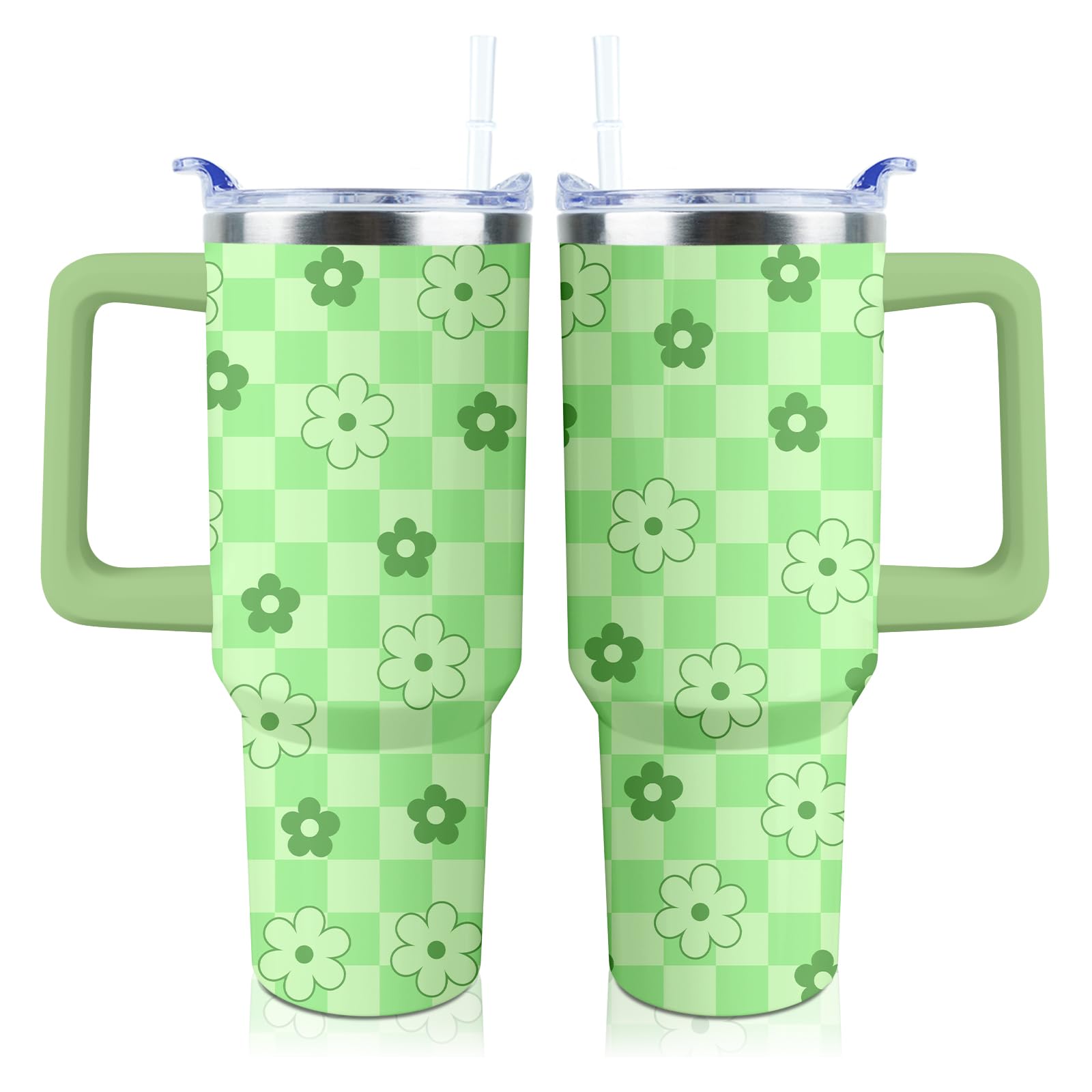 Checkered Daisy Tumbler 40 oz Tumbler with Handle and Straw Lid Leak Proof - Checkered Daisy Flower Coffee Travel Mug with Handl