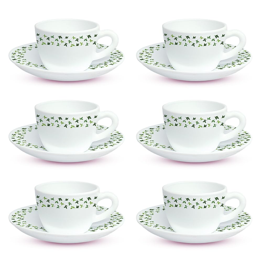 Larah By Borosil Silk Series Sage Opalware Cup And Saucer Set Of 12 Pcs | Tea/Coffee Cups 140 Ml | Microwave & Dishwasher Safe, 