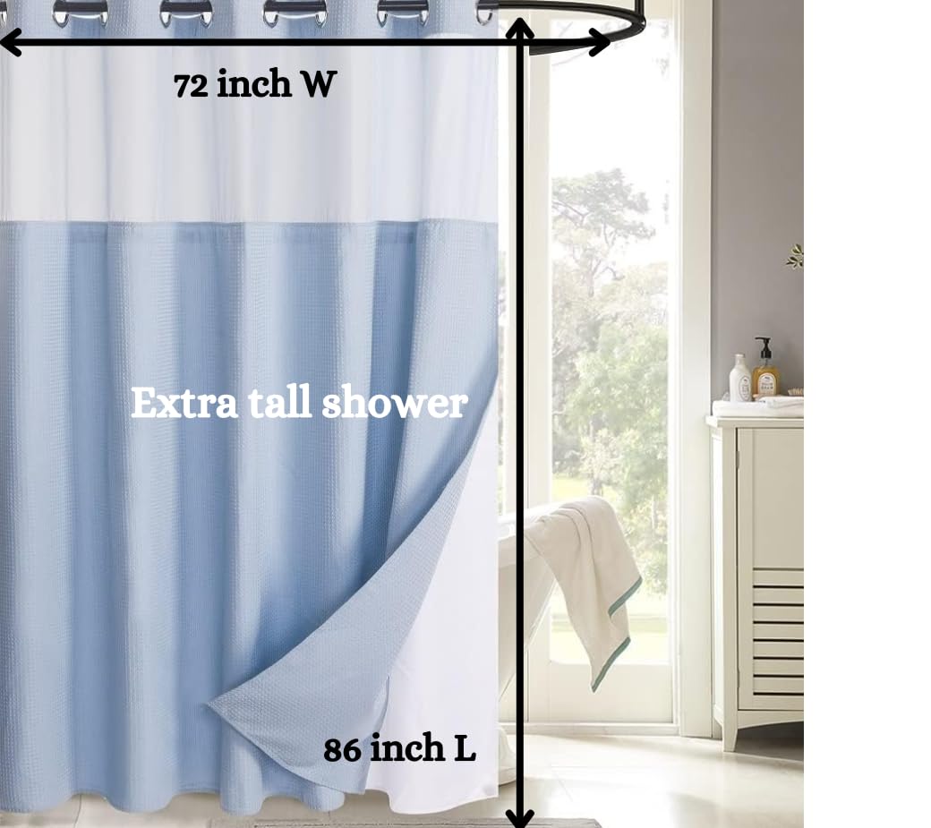 Wpm No Hooks Required Shower Curtain With Snap-In Liner Waffle Weave Design, Hotel Grade Waterproof & Washable, Mesh Top Window