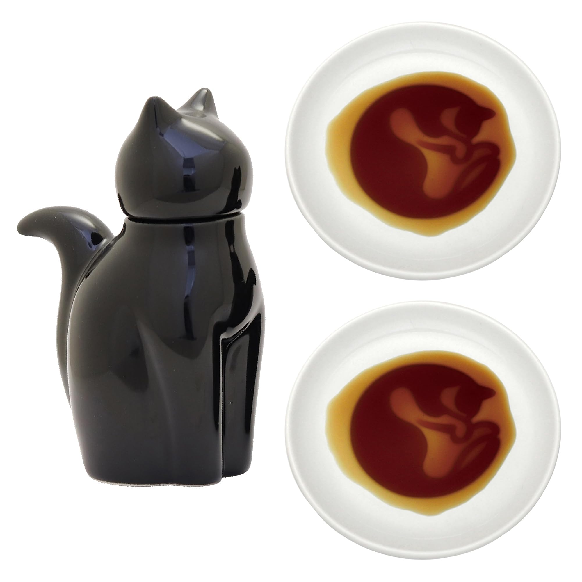 Cat-Shaped Soy Sauce Dispenser with 2 Hidden Sleeping Cat Painting Soy Sauce Dishes - Combo Set - Porcelain