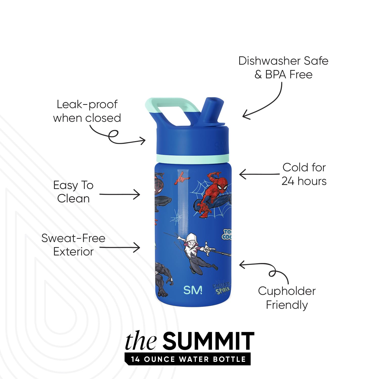 Simple Modern Kids Summit Water Bottle with Straw Lid | Marvel Spiderman 14oz Stainless Steel Cup Insulated Tumbler for Boys, Sc